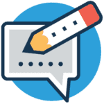 Copywriting icon of a pencil over a digital chat bubble.
