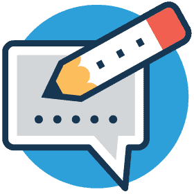 Copywriting icon of a pencil over a digital chat bubble.