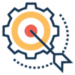 Digital Marketing Strategy icon of an arrow hitting the bullseye inside a gear-shaped circle.