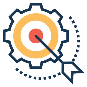 Digital Marketing Strategy icon of an arrow hitting the bullseye inside a gear-shaped circle.