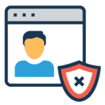 Online Courses Icon of a computer window displaying a generic person icon with a red shield badge in the lower right corner.