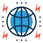 Podcasting & Voiceover icon of a globe accented with multiple red lightning bolt icons.