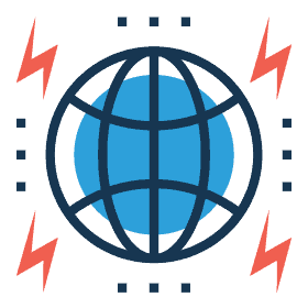 Podcasting & Voiceover icon of a globe accented with multiple red lightning bolt icons.