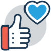 Social Media icon of a hand offering a thumbs-up next to a blue heart.